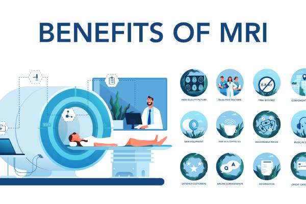 Vector image of a banner or website interface idea that shows a woman lying on an MRI table and a technician sitting infront of a computer screen away from the MRI scanner along with MRI scan benefits displayed on the side.