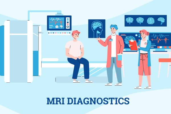 A male doctor and a female nurse explaining brain mri scan results to a male patient sitting on an examination bed .