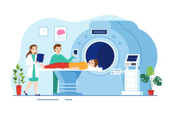 Vector image of a male patient lying on an MRI table with a female doctor and a male technician standing beside him.