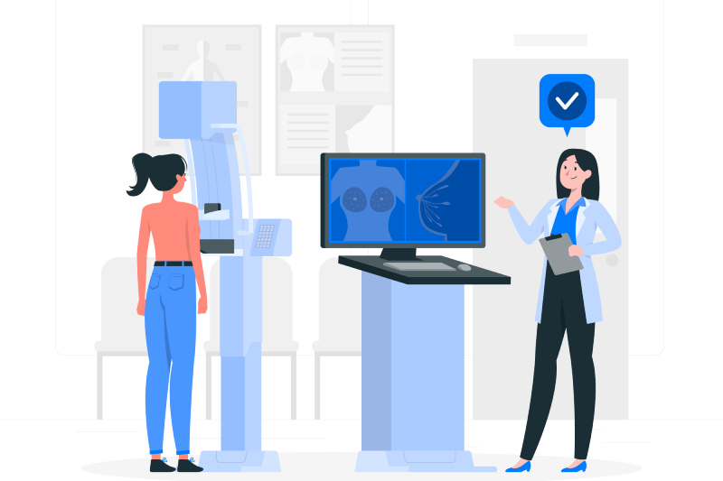 Illustration of a mammography concept with a patient standing infront of the mammogram machine and a radiologist viewing the result on a screen.
