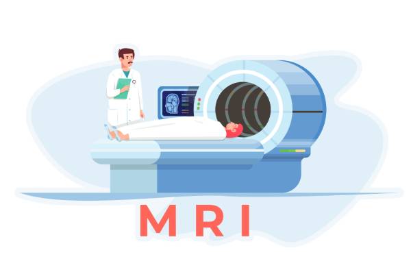 Vector image of a male doctor explaing the process of scanning to the patient lying on the MRI table.