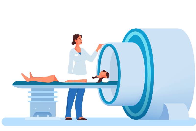 Vector image of a female patient lying on an MRI table and a female technician nearby setting up the scanner.