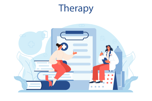 Vector image of a doctor discussing with a patient with a huge image of a writing pad and a prescription at the background.
