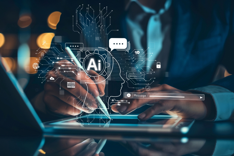 A person writing on a tab with virtual images of AI assistant chatbot in concept of AI artificial intelligence and prompt engineering.