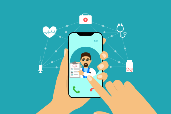 A vector image of a person holding a mobile phone displaying an online consultation app with related icons at the background.