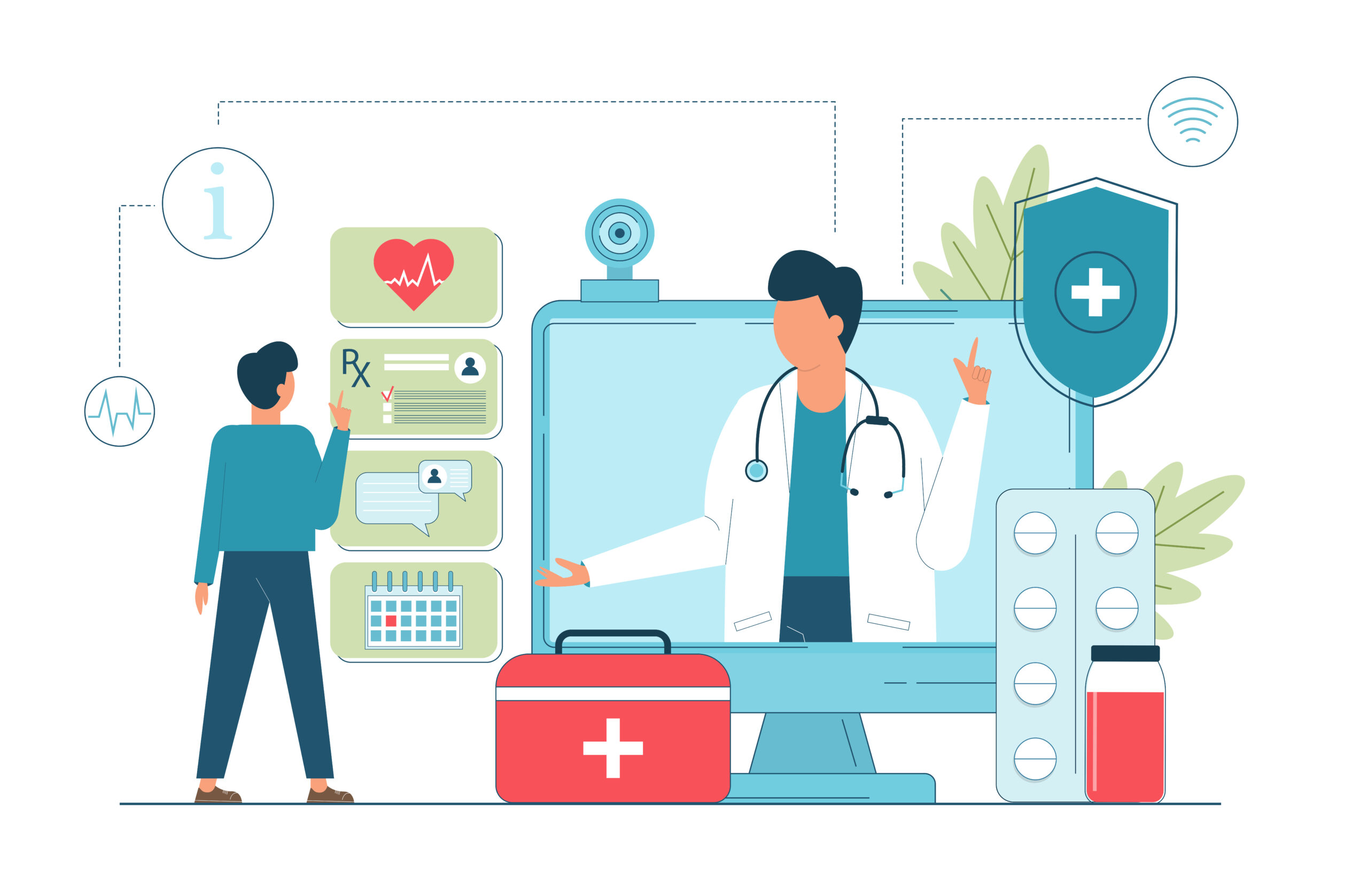 Vector images of online consultation concept with the image of doctor displayed on the computer screen,medicines shown near it and the back view of a person doing an online consultation using a laptop.