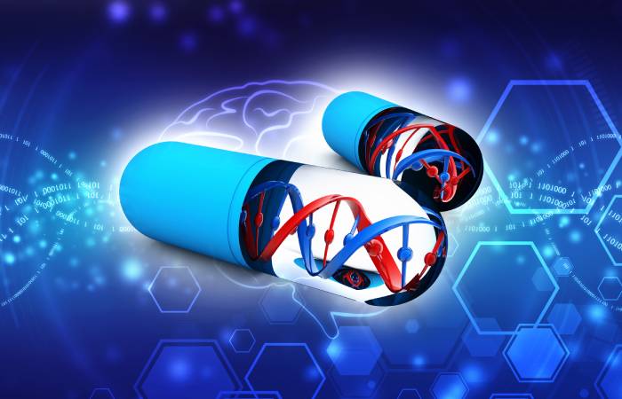 Two half opened capsules with DNA strands shown in the second half, displayed on a blue background.
