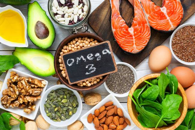 A close-up view of foods rich in omega-3 fatty acids.