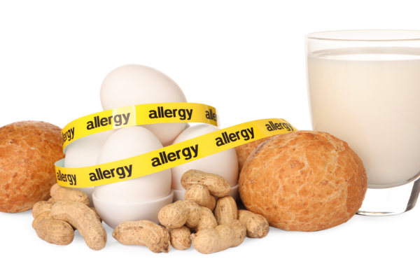 Fresh products like eggs, milk, and nuts are labeled with the word 'allergy' to emphasize the importance of avoiding these foods to prevent allergic reactions.