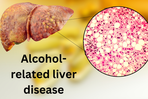 Alcohol-related liver disease is shown with a damaged liver and a microscopic view of fatty deposits and cellular damage.