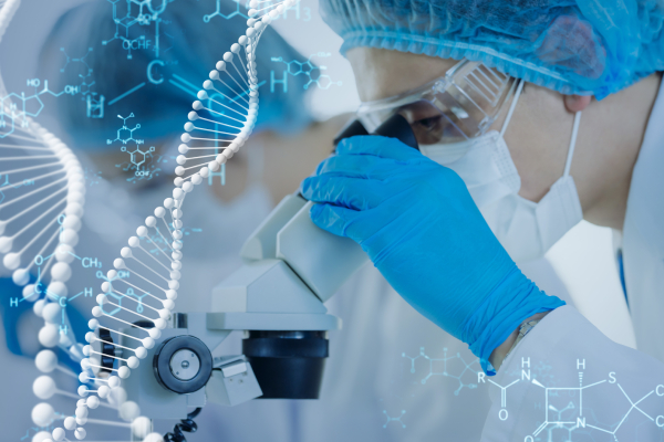 A scientist examining samples under a microscope, with DNA helix and molecular structures, showcasing personalized medicine.