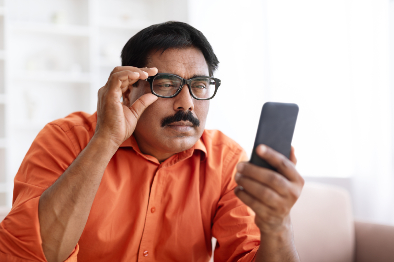 Elderly man struggling to see smartphone, symbolizing diabetes-related vision loss.