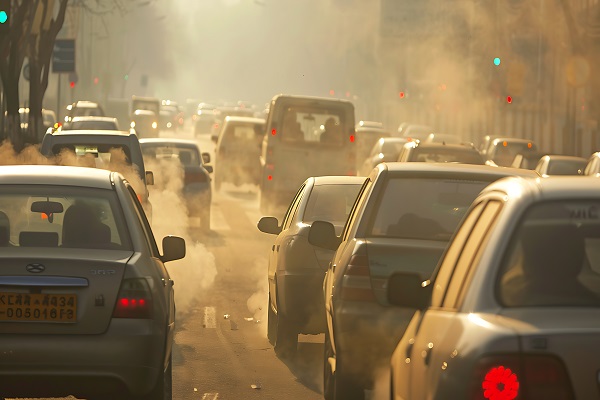 Heavy traffic jam with vehicles emitting thick smoke, highlighting air pollution's impact on heart health and urban environments.