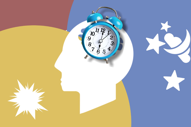 A head with an alarm clock and sleep symbols, showing the circadian rhythm's effect on morning blood sugar.