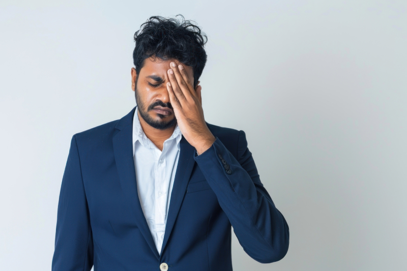A stressed man in a blue suit with his hand on his forehead, highlighting how stress can contribute to diabetes risk.