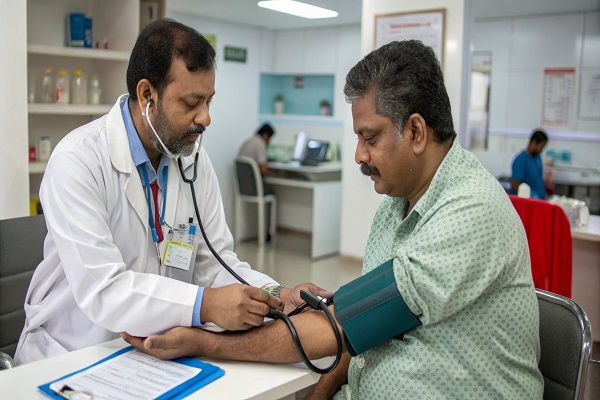 A doctor examining a patient, highlighting the need for check-ups every three months to monitor blood sugar levels.