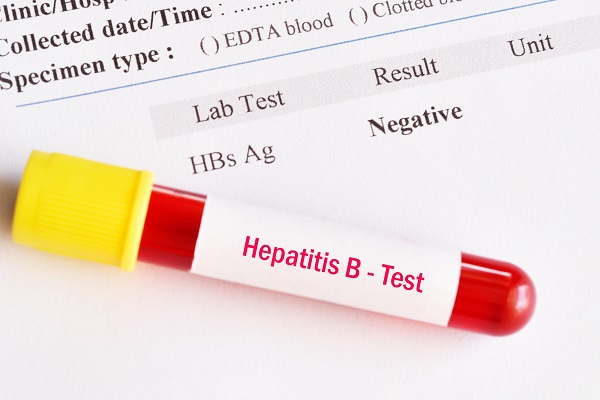 Negative Hepatitis B test report with a test tube labeled 'Hepatitis B - Test', part of prenatal screening.