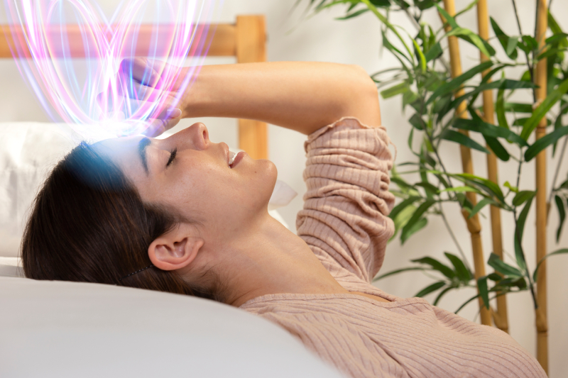 A woman with closed eyes, symbolizing the brain-rewiring effects of mindfulness exercises.
