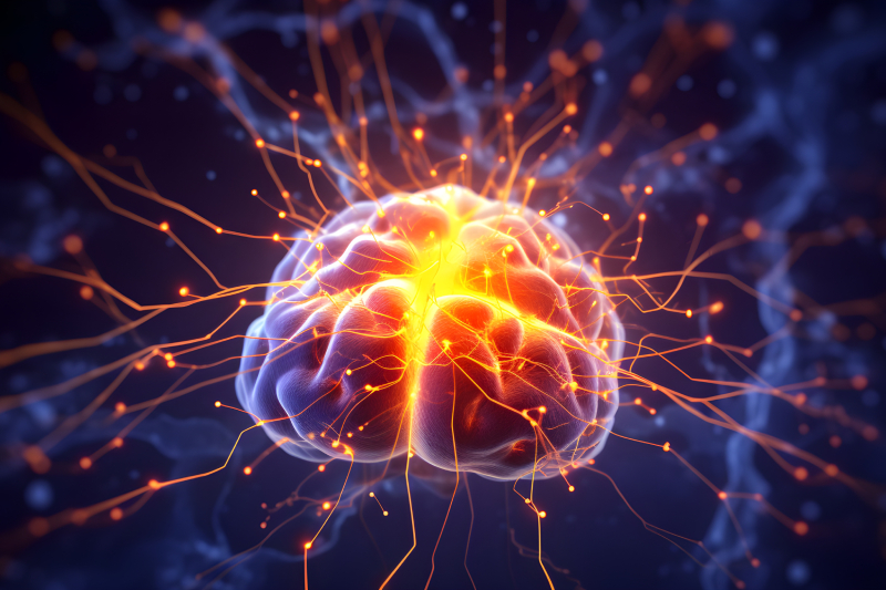 Glowing brain with neural links shows how abnormal electrical activity causes symptoms.